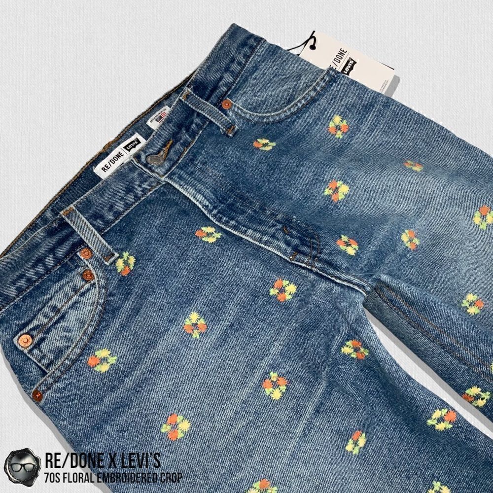 RE/DONE X LEVI’S 70s FLORAL EMBROIDERED RECONSTRUCTED VINTAGE  JEANS CROPPED 26